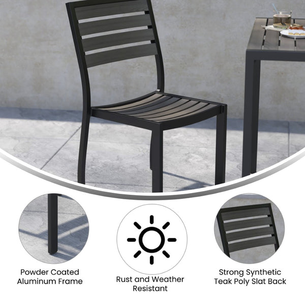 English Elm Lark Outdoor Stackable Side Chair - Durable Aluminum Frame with Faux Wood Slats for All-Weather Use Gray Wash Teak XU-DG-HW6036-GY-GG