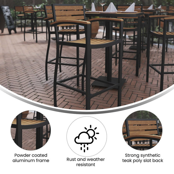 English Elm Lark Commercial Bar Height Stool with Arms – Stylish All-Weather Seating for Indoor and Outdoor Use Teak XU-DG-HW6036B-ARM-GG