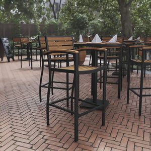 English Elm Lark Commercial Bar Height Stool with Arms – Stylish All-Weather Seating for Indoor and Outdoor Use Teak XU-DG-HW6036B-ARM-GG