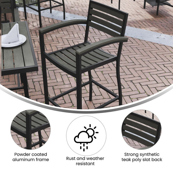 English Elm Lark Commercial Bar Height Stool with Arms – Stylish All-Weather Seating for Indoor and Outdoor Use Gray Wash XU-DG-HW6036B-ARM-GY-GG