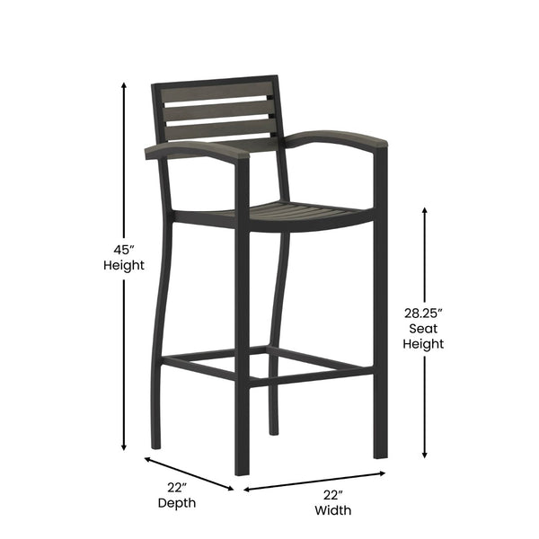 English Elm Lark Commercial Bar Height Stool with Arms – Stylish All-Weather Seating for Indoor and Outdoor Use Gray Wash XU-DG-HW6036B-ARM-GY-GG