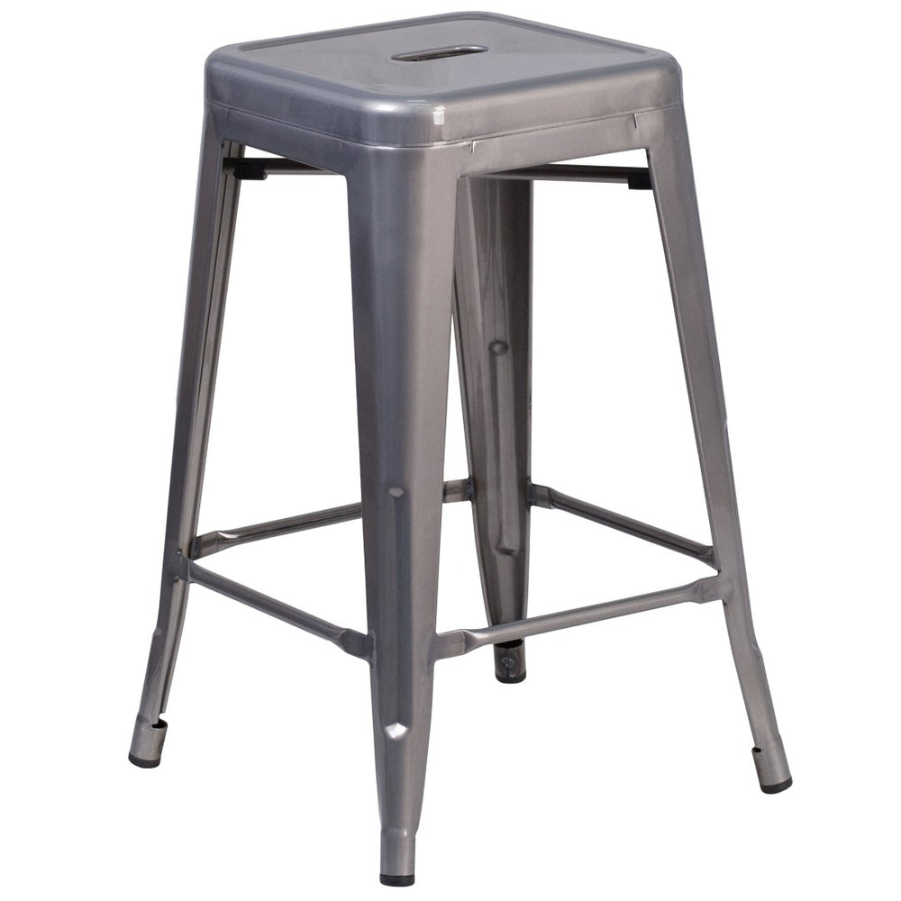English Elm Lincoln 24'' High Backless Silver Antique Metal Stool - Stylish, Stackable, and Durable for Any Space XU-DG-TP0004-24-GG