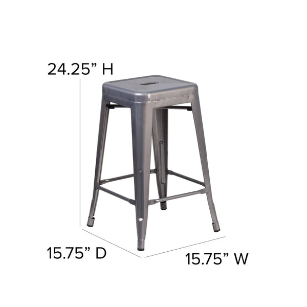 English Elm Lincoln 24'' High Backless Silver Antique Metal Stool - Stylish, Stackable, and Durable for Any Space XU-DG-TP0004-24-GG