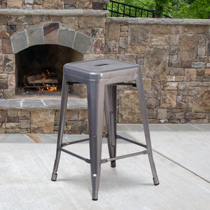 English Elm Lincoln 24'' High Backless Silver Antique Metal Stool - Stylish, Stackable, and Durable for Any Space XU-DG-TP0004-24-GG