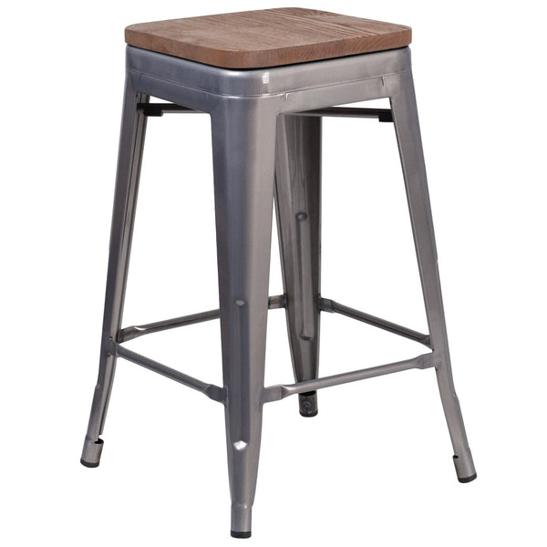English Elm Lincoln 24" Backless Antique Silver Metal Counter Stool with Walnut Wood Seat for Compact Spaces XU-DG-TP0004-24-WD-GG