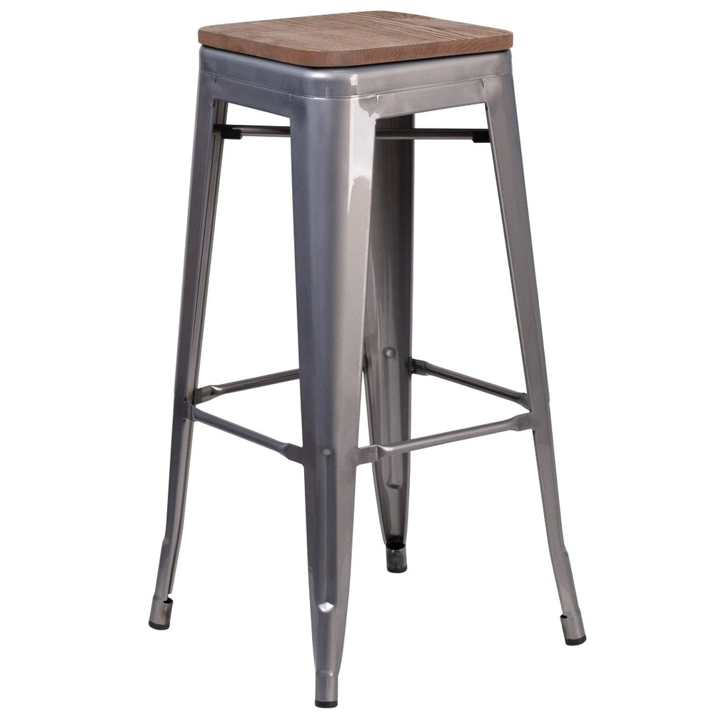 English Elm Lincoln 30" Backless Barstool with Antique Silver Finish & Walnut Wood Seat - Space-Saving Design XU-DG-TP0004-30-WD-GG
