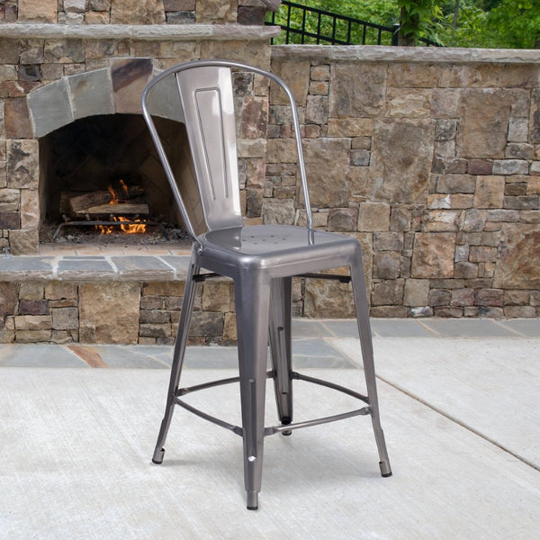 English Elm Lincoln 24'' High Antique Silver Counter Stool with Back - Durable, Stylish & Easy to Clean! XU-DG-TP001B-24-GG