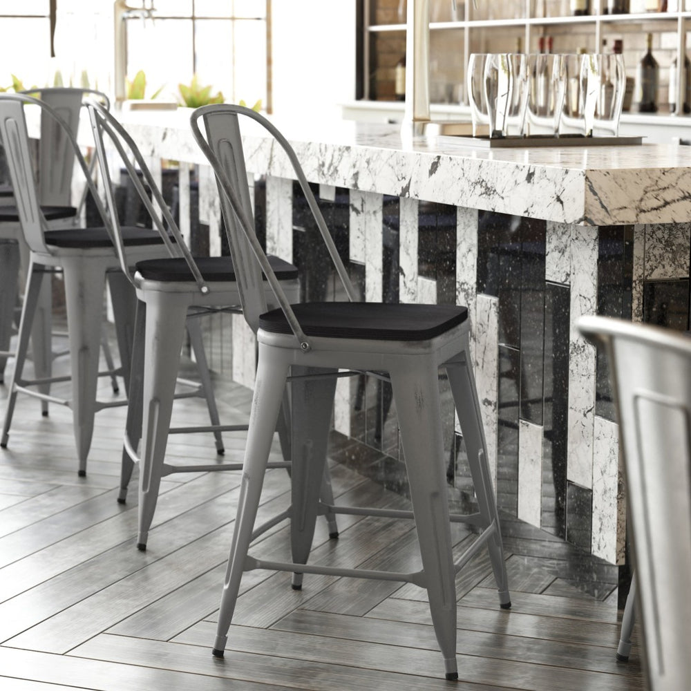 English Elm Lincoln 24'' High Antique Silver Indoor Counter Height Stool with Stylish Back for Comfort & Stability Black Seat/Clear Coated Frame XU-DG-TP001B-24-PL1B-GG