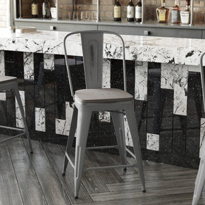 English Elm Lincoln 24'' High Antique Silver Indoor Counter Height Stool with Stylish Back for Comfort & Stability Gray Seat/Clear Coated Frame XU-DG-TP001B-24-PL1G-GG