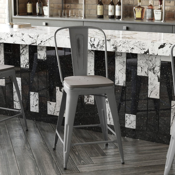 English Elm Lincoln 24'' High Antique Silver Indoor Counter Height Stool with Stylish Back for Comfort & Stability Gray Seat/Clear Coated Frame XU-DG-TP001B-24-PL1G-GG