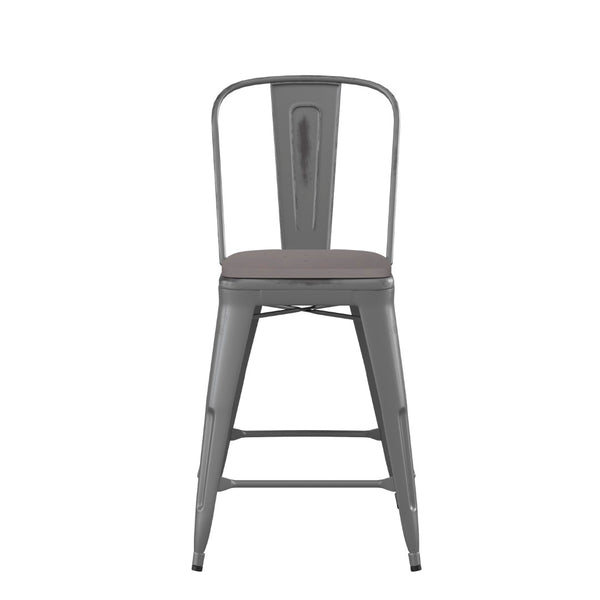 English Elm Lincoln 24'' High Antique Silver Indoor Counter Height Stool with Stylish Back for Comfort & Stability Gray Seat/Clear Coated Frame XU-DG-TP001B-24-PL1G-GG