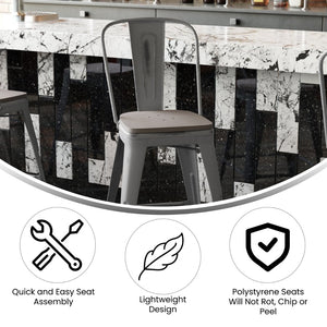 English Elm Lincoln 24'' High Antique Silver Indoor Counter Height Stool with Stylish Back for Comfort & Stability Gray Seat/Clear Coated Frame XU-DG-TP001B-24-PL1G-GG