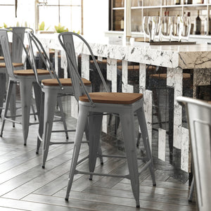 English Elm Lincoln 24'' High Antique Silver Indoor Counter Height Stool with Stylish Back for Comfort & Stability Teak Seat/Clear Coated Frame XU-DG-TP001B-24-PL1T-GG