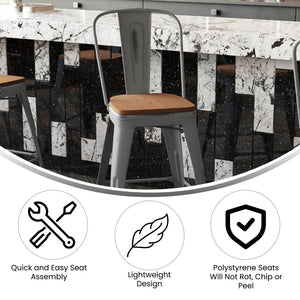 English Elm Lincoln 24'' High Antique Silver Indoor Counter Height Stool with Stylish Back for Comfort & Stability Teak Seat/Clear Coated Frame XU-DG-TP001B-24-PL1T-GG