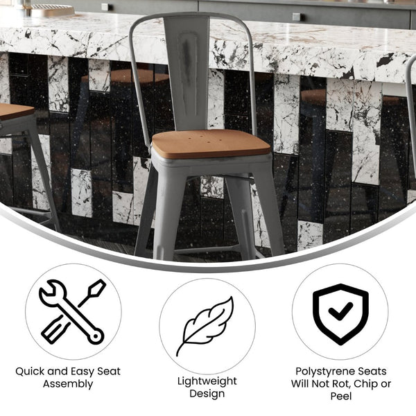 English Elm Lincoln 24'' High Antique Silver Indoor Counter Height Stool with Stylish Back for Comfort & Stability Teak Seat/Clear Coated Frame XU-DG-TP001B-24-PL1T-GG