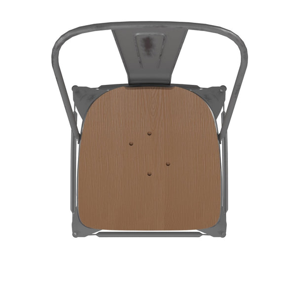 English Elm Lincoln 24'' High Antique Silver Indoor Counter Height Stool with Stylish Back for Comfort & Stability Teak Seat/Clear Coated Frame XU-DG-TP001B-24-PL1T-GG