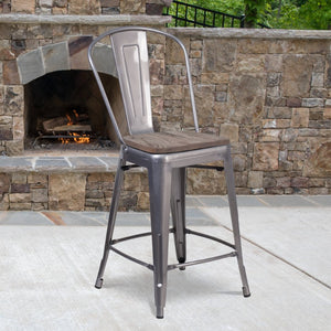 English Elm Lincoln 24" High Antique Silver Counter Stool with Comfortable Wood Seat and Curved Back Support XU-DG-TP001B-24-WD-GG