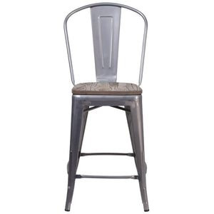 English Elm Lincoln 24" High Antique Silver Counter Stool with Comfortable Wood Seat and Curved Back Support XU-DG-TP001B-24-WD-GG