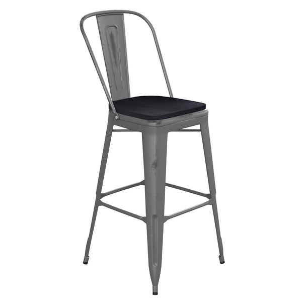 English Elm Lincoln 30" High Vintage Antique Silver Barstool with Ergonomic Back for Home and Commercial Use Black Seat/Clear Coated Frame XU-DG-TP001B-30-PL1B-GG