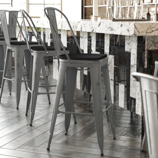 English Elm Lincoln 30" High Vintage Antique Silver Barstool with Ergonomic Back for Home and Commercial Use Black Seat/Clear Coated Frame XU-DG-TP001B-30-PL1B-GG