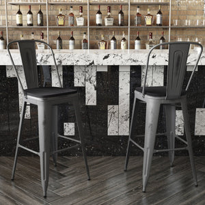 English Elm Lincoln 30" High Vintage Antique Silver Barstool with Ergonomic Back for Home and Commercial Use Black Seat/Clear Coated Frame XU-DG-TP001B-30-PL1B-GG