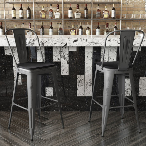 English Elm Lincoln 30" High Vintage Antique Silver Barstool with Ergonomic Back for Home and Commercial Use Black Seat/Clear Coated Frame XU-DG-TP001B-30-PL1B-GG