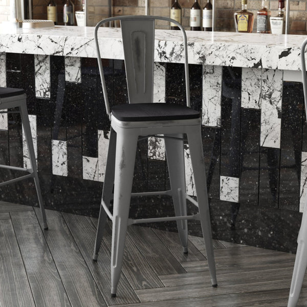 English Elm Lincoln 30" High Vintage Antique Silver Barstool with Ergonomic Back for Home and Commercial Use Black Seat/Clear Coated Frame XU-DG-TP001B-30-PL1B-GG
