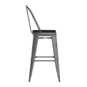 English Elm Lincoln 30" High Vintage Antique Silver Barstool with Ergonomic Back for Home and Commercial Use Black Seat/Clear Coated Frame XU-DG-TP001B-30-PL1B-GG