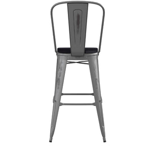 English Elm Lincoln 30" High Vintage Antique Silver Barstool with Ergonomic Back for Home and Commercial Use Black Seat/Clear Coated Frame XU-DG-TP001B-30-PL1B-GG