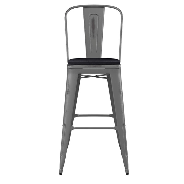 English Elm Lincoln 30" High Vintage Antique Silver Barstool with Ergonomic Back for Home and Commercial Use Black Seat/Clear Coated Frame XU-DG-TP001B-30-PL1B-GG