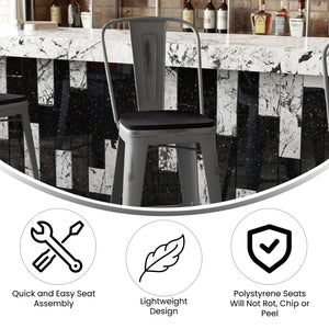 English Elm Lincoln 30" High Vintage Antique Silver Barstool with Ergonomic Back for Home and Commercial Use Black Seat/Clear Coated Frame XU-DG-TP001B-30-PL1B-GG