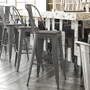 English Elm Lincoln 30" High Vintage Antique Silver Barstool with Ergonomic Back for Home and Commercial Use Gray Seat/Clear Coated Frame XU-DG-TP001B-30-PL1G-GG