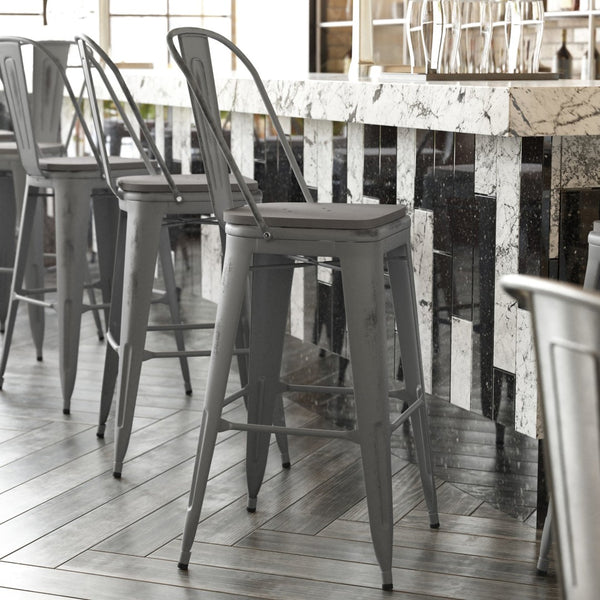 English Elm Lincoln 30" High Vintage Antique Silver Barstool with Ergonomic Back for Home and Commercial Use Gray Seat/Clear Coated Frame XU-DG-TP001B-30-PL1G-GG