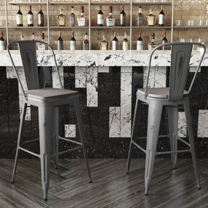 English Elm Lincoln 30" High Vintage Antique Silver Barstool with Ergonomic Back for Home and Commercial Use Gray Seat/Clear Coated Frame XU-DG-TP001B-30-PL1G-GG