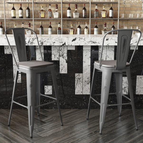 English Elm Lincoln 30" High Vintage Antique Silver Barstool with Ergonomic Back for Home and Commercial Use Gray Seat/Clear Coated Frame XU-DG-TP001B-30-PL1G-GG
