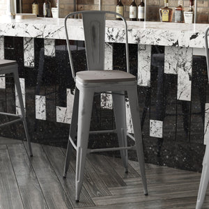 English Elm Lincoln 30" High Vintage Antique Silver Barstool with Ergonomic Back for Home and Commercial Use Gray Seat/Clear Coated Frame XU-DG-TP001B-30-PL1G-GG