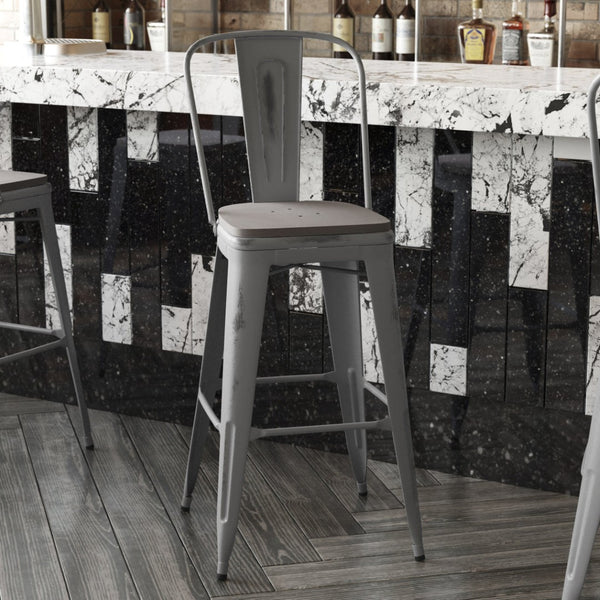 English Elm Lincoln 30" High Vintage Antique Silver Barstool with Ergonomic Back for Home and Commercial Use Gray Seat/Clear Coated Frame XU-DG-TP001B-30-PL1G-GG