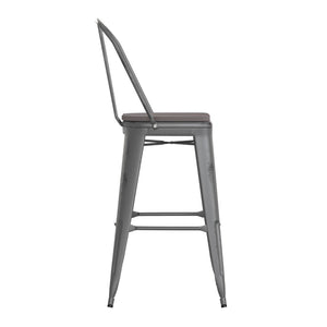 English Elm Lincoln 30" High Vintage Antique Silver Barstool with Ergonomic Back for Home and Commercial Use Gray Seat/Clear Coated Frame XU-DG-TP001B-30-PL1G-GG
