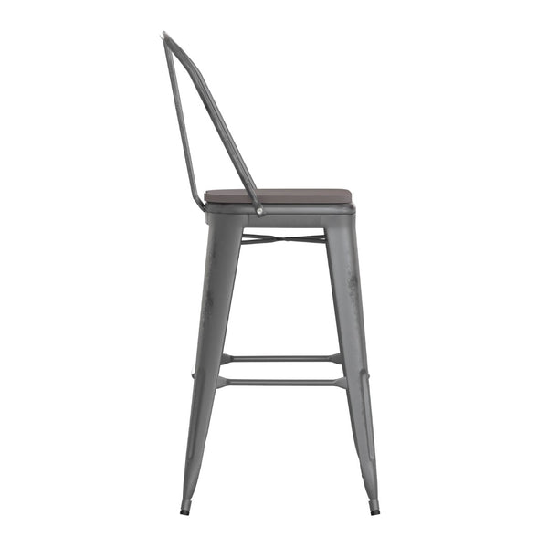 English Elm Lincoln 30" High Vintage Antique Silver Barstool with Ergonomic Back for Home and Commercial Use Gray Seat/Clear Coated Frame XU-DG-TP001B-30-PL1G-GG