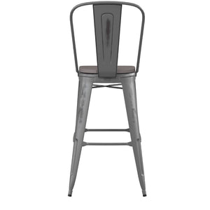 English Elm Lincoln 30" High Vintage Antique Silver Barstool with Ergonomic Back for Home and Commercial Use Gray Seat/Clear Coated Frame XU-DG-TP001B-30-PL1G-GG