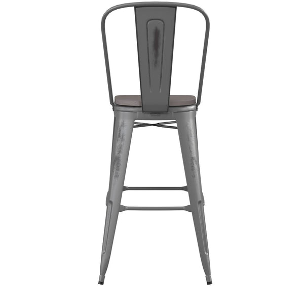English Elm Lincoln 30" High Vintage Antique Silver Barstool with Ergonomic Back for Home and Commercial Use Gray Seat/Clear Coated Frame XU-DG-TP001B-30-PL1G-GG