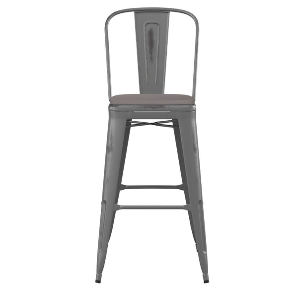 English Elm Lincoln 30" High Vintage Antique Silver Barstool with Ergonomic Back for Home and Commercial Use Gray Seat/Clear Coated Frame XU-DG-TP001B-30-PL1G-GG