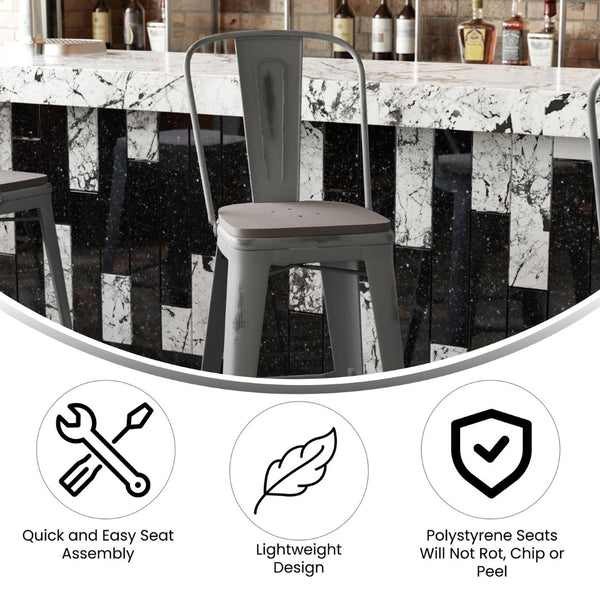 English Elm Lincoln 30" High Vintage Antique Silver Barstool with Ergonomic Back for Home and Commercial Use Gray Seat/Clear Coated Frame XU-DG-TP001B-30-PL1G-GG