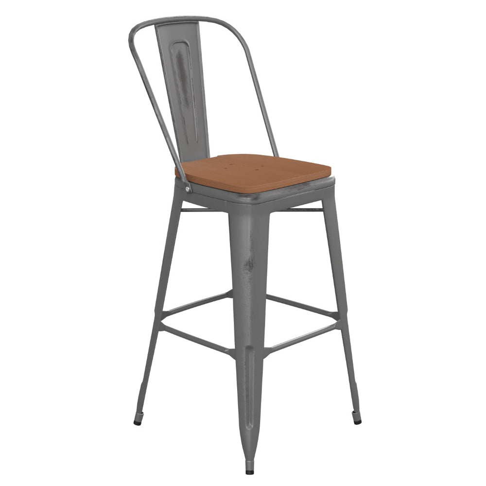 English Elm Lincoln 30" High Vintage Antique Silver Barstool with Ergonomic Back for Home and Commercial Use Teak Seat/Clear Coated Frame XU-DG-TP001B-30-PL1T-GG