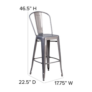 English Elm Lincoln 30" High Vintage Antique Silver Barstool with Ergonomic Back for Home and Commercial Use Teak Seat/Clear Coated Frame XU-DG-TP001B-30-PL1T-GG