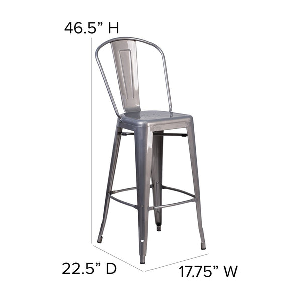 English Elm Lincoln 30" High Vintage Antique Silver Barstool with Ergonomic Back for Home and Commercial Use Teak Seat/Clear Coated Frame XU-DG-TP001B-30-PL1T-GG