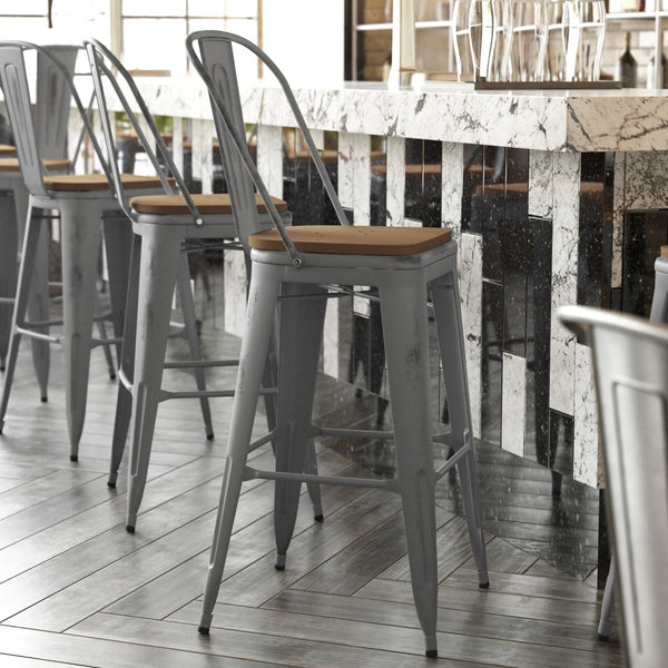 English Elm Lincoln 30" High Vintage Antique Silver Barstool with Ergonomic Back for Home and Commercial Use Teak Seat/Clear Coated Frame XU-DG-TP001B-30-PL1T-GG