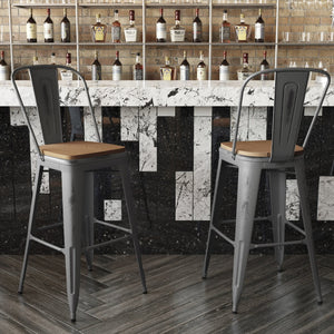 English Elm Lincoln 30" High Vintage Antique Silver Barstool with Ergonomic Back for Home and Commercial Use Teak Seat/Clear Coated Frame XU-DG-TP001B-30-PL1T-GG