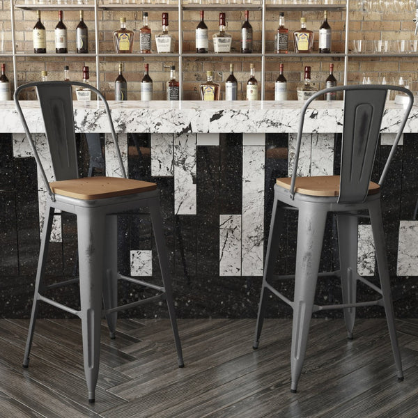 English Elm Lincoln 30" High Vintage Antique Silver Barstool with Ergonomic Back for Home and Commercial Use Teak Seat/Clear Coated Frame XU-DG-TP001B-30-PL1T-GG