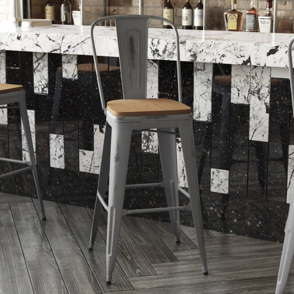 English Elm Lincoln 30" High Vintage Antique Silver Barstool with Ergonomic Back for Home and Commercial Use Teak Seat/Clear Coated Frame XU-DG-TP001B-30-PL1T-GG